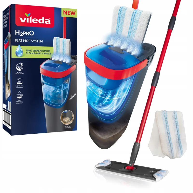 Vileda H2prO Flachmopp, 100%ige Trennung von Rein- und Schmutzwasser, zwei Behälter, Mikrofaserpad, 360°-Spitze, 175774
