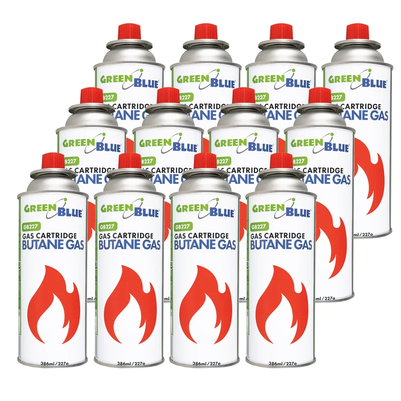12 Gaspatronen à 227 g von GreenBlue. Zertifikat: Pi 0875, entspricht der Norm EN 417, Butan, Einsatzbereich -10 °C bis +40 °C, GB227