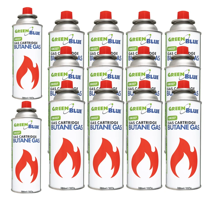 14 Gaspatronen à 227 g von GreenBlue. Zertifikat: Pi 0875, entspricht der Norm EN 417, Butan, Einsatzbereich -10 °C bis +40 °C, GB227
