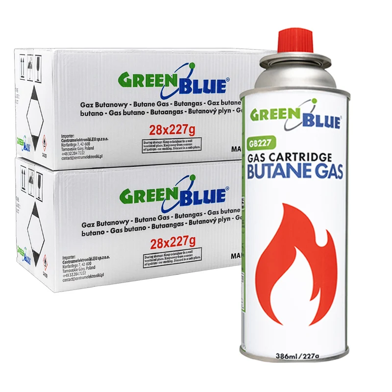 56x GreenBlue-Gaskartusche, 227 g. Zertifikat: Pi 0875, entspricht der Norm EN 417, Butan, Einsatzbereich -10 °C bis +40 °C, GB227