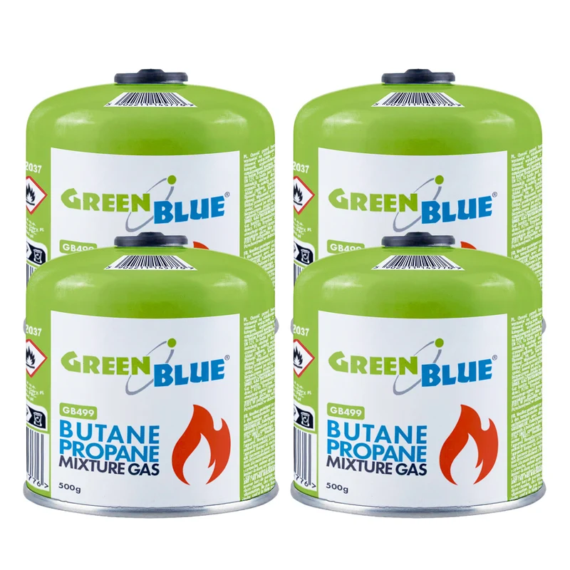4 Gaspatronen à 500 g von GreenBlue. Zertifizierung: Pi 0437, gemäß EN 417, Butan-Propan, Temperaturbereich -10 °C bis +40 °C, Gewindeventil 7/16'' GB499