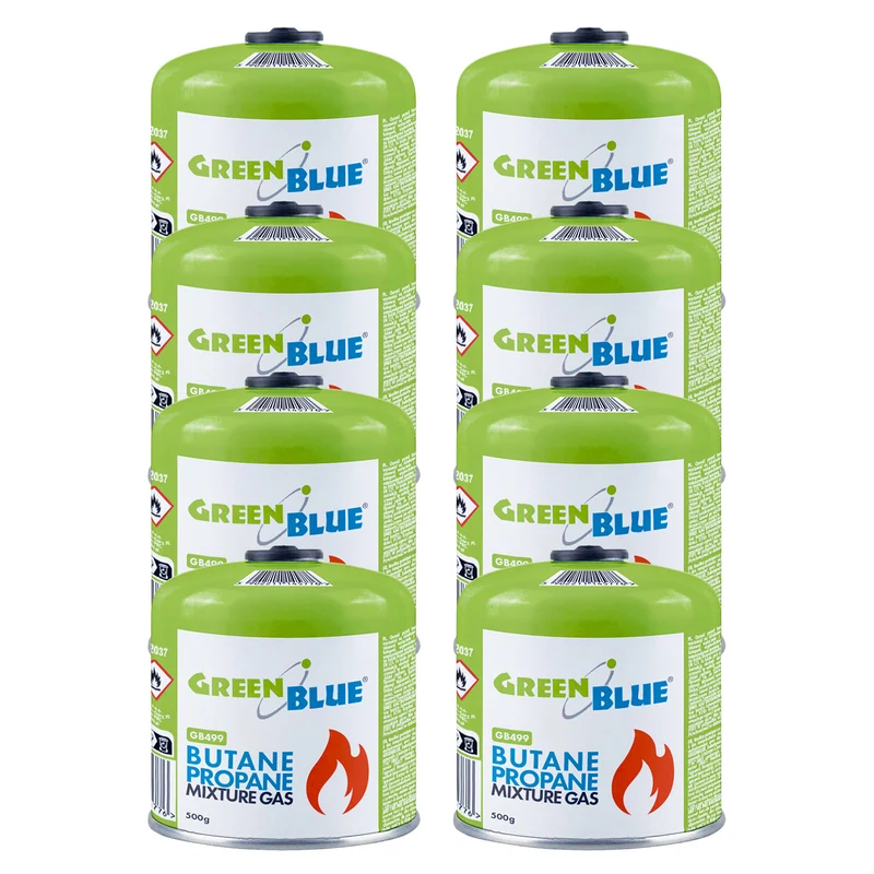 8 Gaspatronen à 500 g GreenBlue. Zertifizierung: Pi 0437, gemäß EN 417, Butan-Propan, Temperaturbereich -10 °C bis +40 °C, Gewindeventil 7/16'' GB499