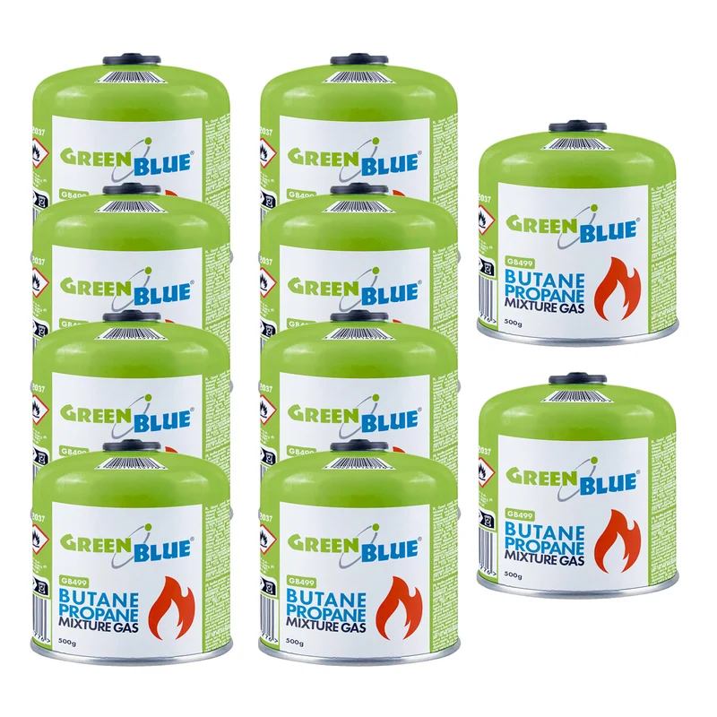 10 Gaspatronen à 500 g GreenBlue. Zertifizierung: Pi 0437, gemäß EN 417, Butan-Propan, Temperaturbereich -10 °C bis +40 °C, Gewindeventil 7/16'' GB499