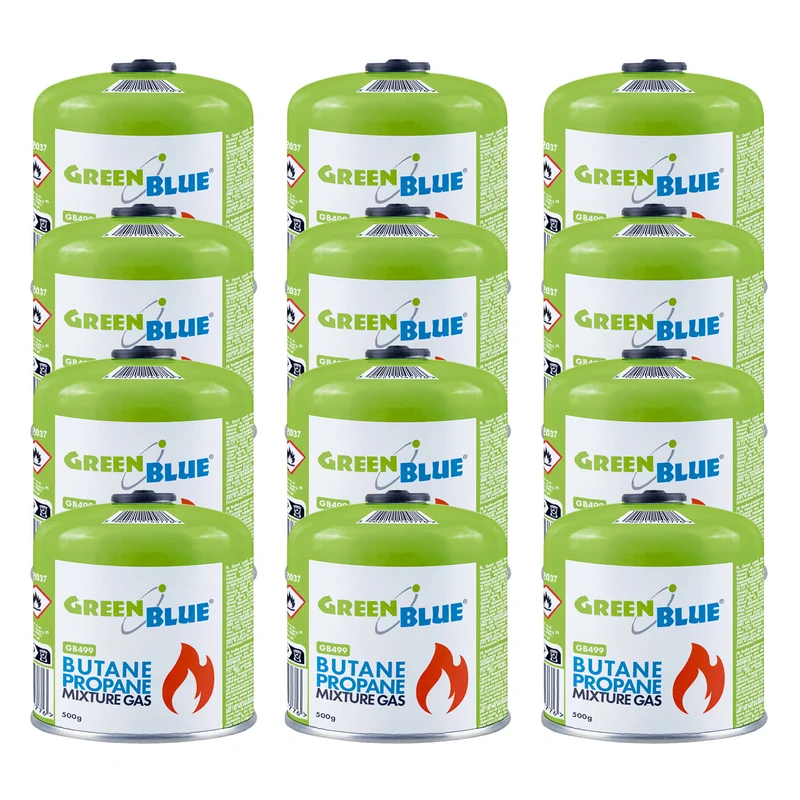 12 Gaspatronen à 500 g GreenBlue. Zertifizierung: Pi 0437, gemäß EN 417, Butan-Propan, Temperaturbereich -10 °C bis +40 °C, Gewindeventil 7/16'' GB499