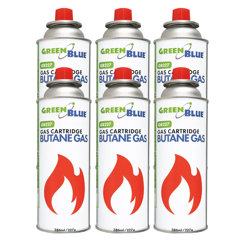 6 Gaspatronen à 227 g von GreenBlue. Zertifikat: Pi 0875, entspricht der Norm EN 417, Butan, Einsatzbereich -10 °C bis +40 °C, GB227