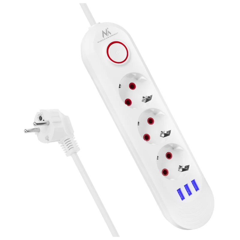 Maclean Steckdosenleiste, 3-Steckdosen-Verlängerungskabel + 3xUSB, 110-240V AC 50/60Hz, 2,1A max 2500W, 1,5m, weiß, MCE394 W