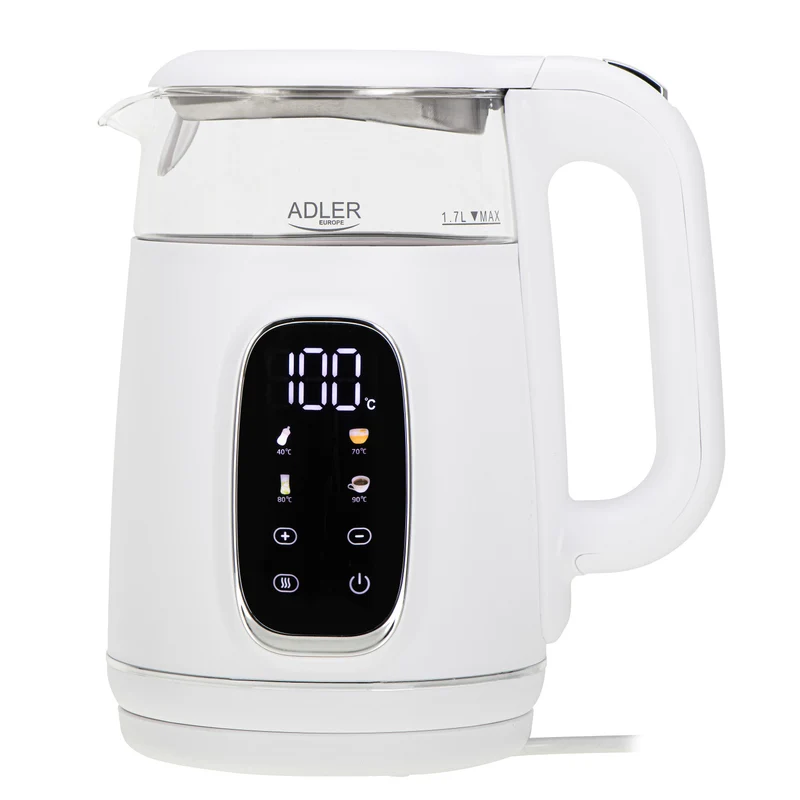 Elektrischer Wasserkocher aus Glas mit Temperaturregelung 1,7 l, LED, 40–100 °C, Adler AD 1305 WS weiß