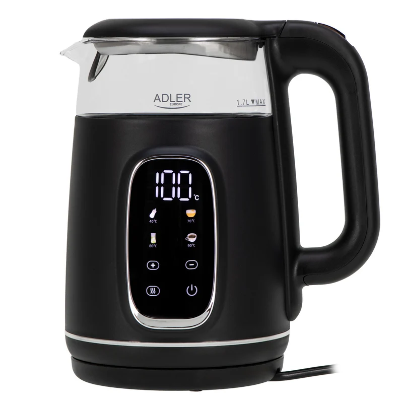 Elektrischer Glas-Wasserkocher 1.7L Adler, Schwarz und Silber, Temperaturregelung, LED-Anzeige, AD 1305 bs