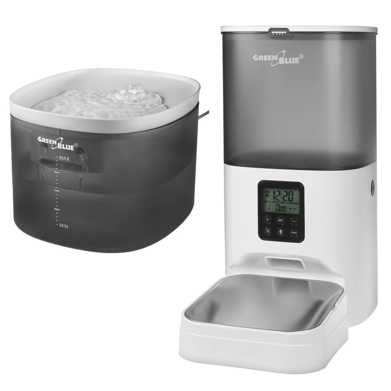 GreenBlue automatischer Wasserspender für Haustiere, 3L, USB 5V1A, GB392 + GreenBlue automatischer Futterspender / Futterautomat für Haustiere, 6L, USB 5V1A, GB393