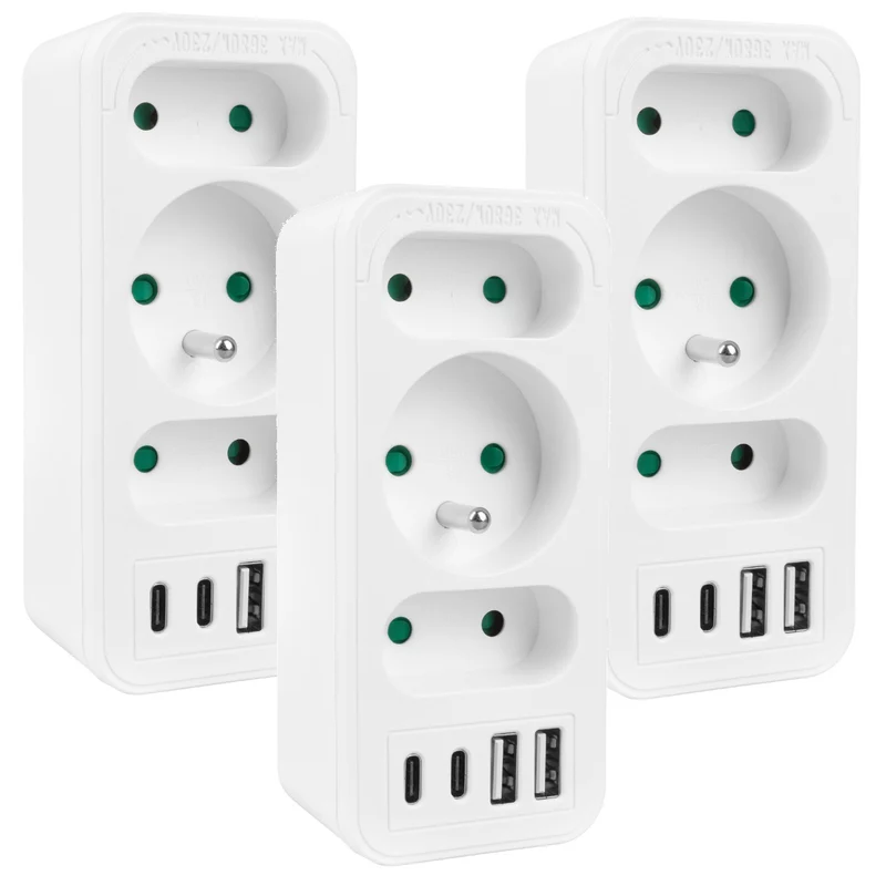 Stromanschluss x3 + 4xUSB Maclean, 3-Steckdosen-Verteiler, 2xUSB A, 2xUSB C PD 20W, 1x16A + 2x6A, MCE248 F/W, 3 Stück