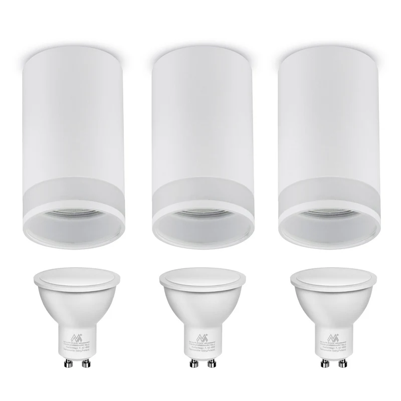 Maclean Anbauleuchte / Röhre, Spot, rund, Aluminium, GU10, 55x130mm, weiß, MCE361 W 3Stk + LED Leuchtmittel GU10 7W Maclean Energy MCE437 WW warmweiß 3000K, 220-240V~, 50/60Hz 3Stk