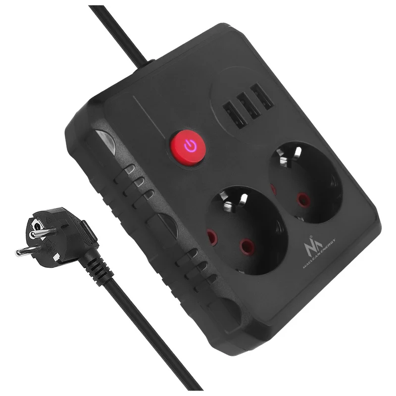 Maclean Steckdosenleiste, Verlängerungskabel 2 Steckdosen + 3xUSB, 110-240V AC 50/60Hz, 2,1A max 2500W, 3 m, schwarz, MCE388 B