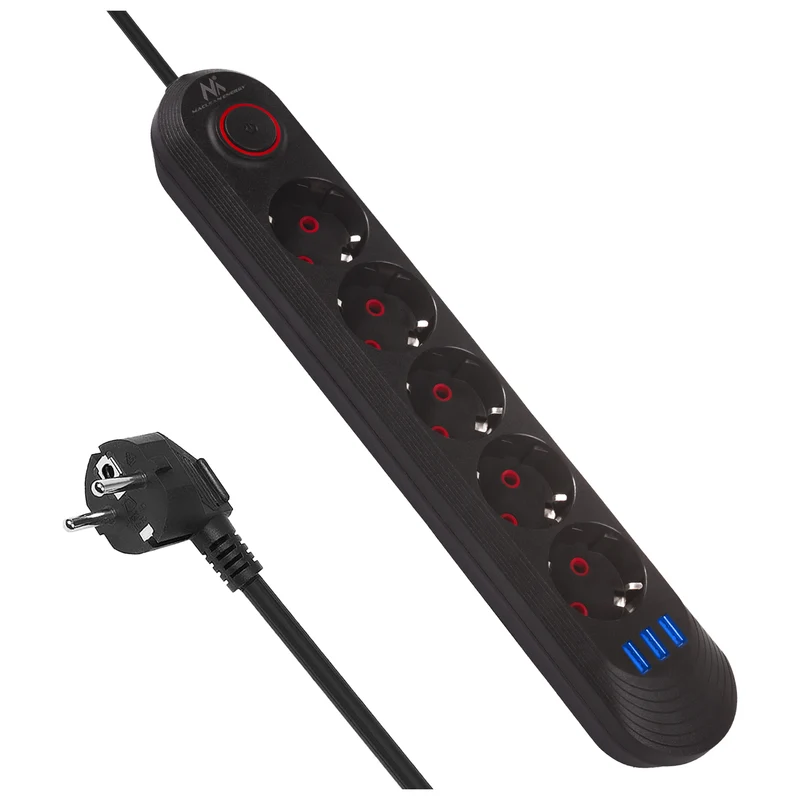 Maclean Steckdosenleiste, 5 Steckdosen-Verlängerungskabel + 3xUSB, 110-240V AC 50/60Hz, 2,1A max 2500W, 1,5m, schwarz, MCE395 B