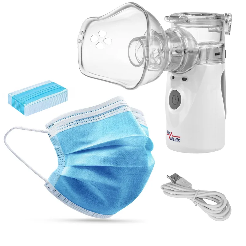 Promedix Tragbarer Inhalator, Set mit Masken, PR-835 + 20x Medizinische Masken CE EN 14683:2019 - Kit - blaue Farbe 2x10 Stück Promedix PR-280 BFE>98%