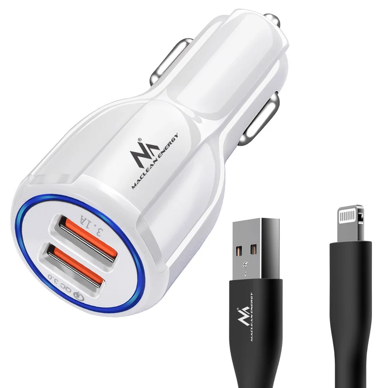 Maclean Autoladegerät, Qualcomm Quick Charge, QC 3.0 - 5V/3A, 9V/1.8A, 12V/1.6A, 5V/3.1A Steckdose mit USB Lightning Kabel
