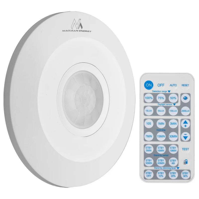 Maclean MCE467 PIR Bewegungsmelder mit Dämmerungssensor und Fernbedienung, 360° Grad Erfassungsbereich bis 8m, Standby Modus, IP20, max. 2000W