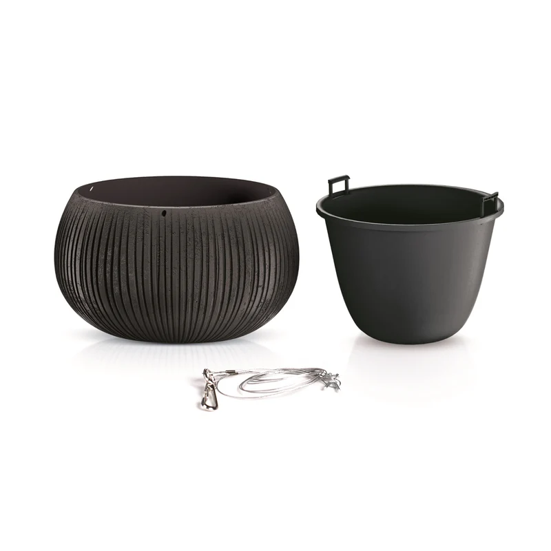 Beton Bowl Blumenampel Blumentopf Hängetopf inkl. Pflanztopf (370mm, Schwarzer Beton)