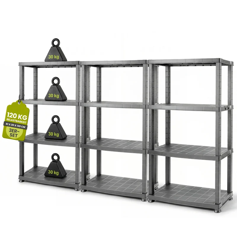 3 x Kunststoffregal „Neo“ mit 4 Böden - 30 kg pro Boden - Grau