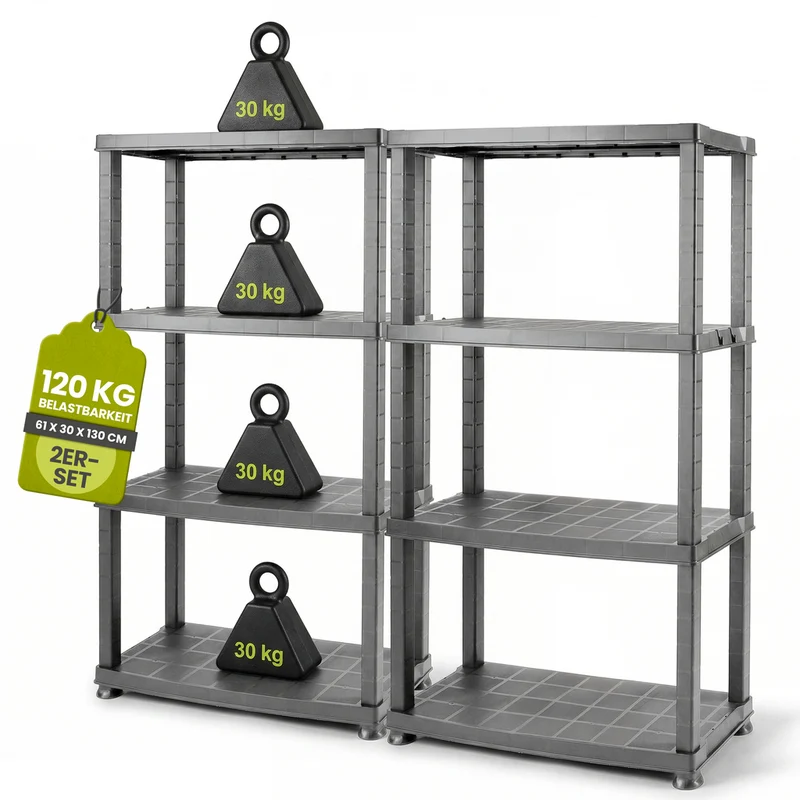 2 x Kunststoffregal „Neo“ mit 4 Böden - 30 kg pro Boden - Grau