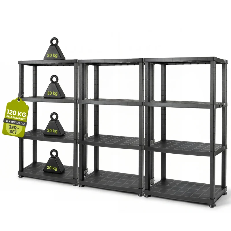 3 x Kunststoffregal „Neo“ mit 4 Böden - 30 kg pro Boden - Schwarz
