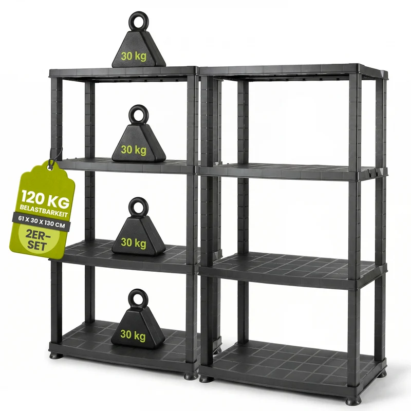 2 x Kunststoffregal „Neo“ mit 4 Böden - 30 kg pro Boden - Schwarz
