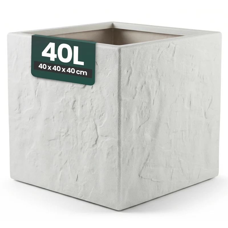 Pflanzkübel 'Riven' in Hellgrau - Blumentopf aus Kunststoff - Steinoptik - 40x40x40 cm