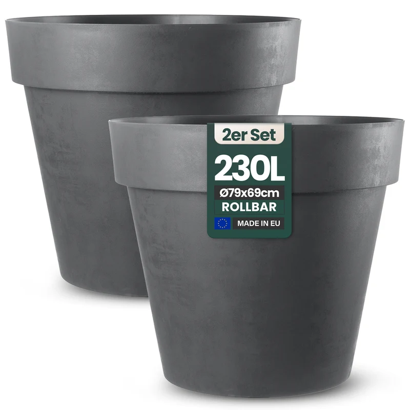 2 x XXL Pflanzkübel / Pflanztopf „LIKE“ Ø 79 x H 69 cm - Anthrazit - Rund, Rollbar - in Natur Stein Optik