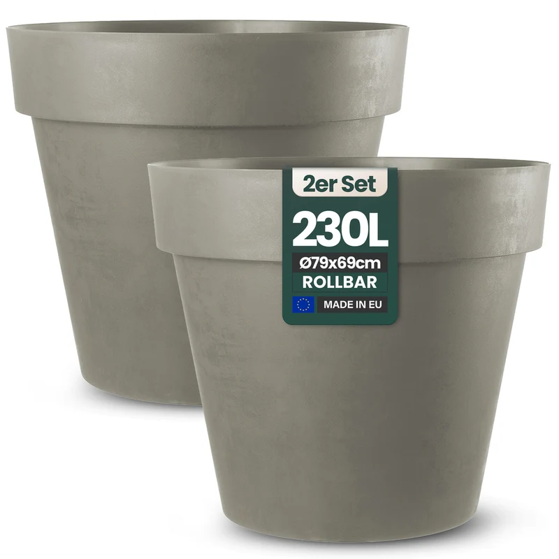 2 x XXL Pflanzkübel / Pflanztopf „LIKE“ Ø 79 x H 69 cm - Braun - Rund, Rollbar - in Natur Stein Optik