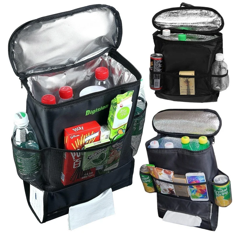 Auto Rückenlehnen Organizer mit Thermotasche – Multifunktionale Rücksitz Aufbewahrungstasche mit Kühltasche, Getränkehalter und Stauraum für Auto Reisen