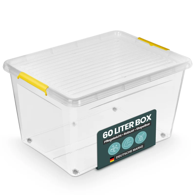 Aufbewahrungsbox 'Simple Store' mit Deckel transparent - stapelbare Kunststoffbox mit Rollen & Clips - 60 Liter (Set wählbar)