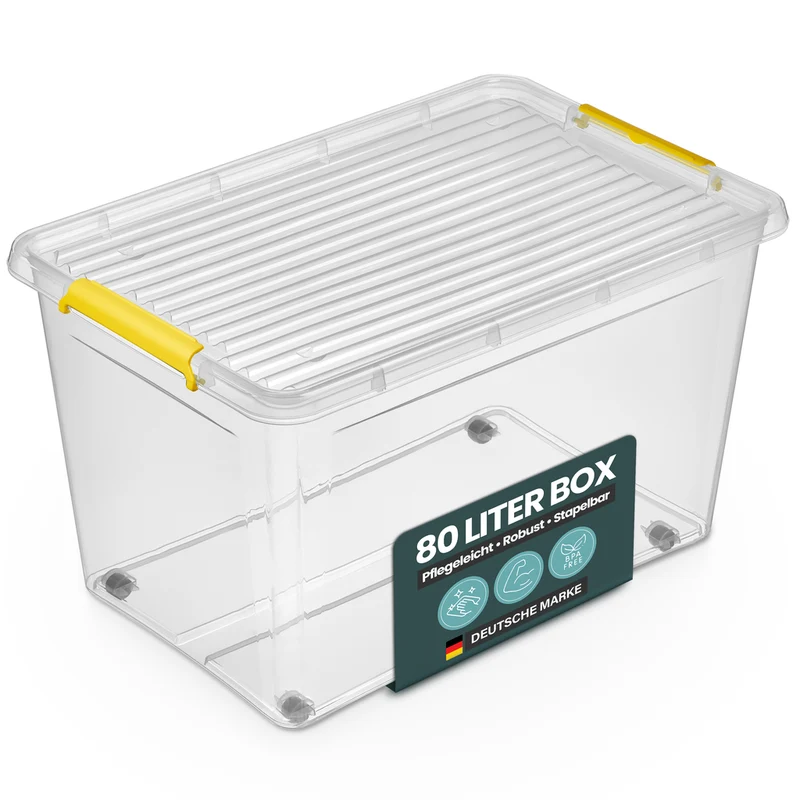 Aufbewahrungsbox 'Simple Store' mit Deckel transparent - stapelbare Kunststoffbox mit Rollen & Clips - 145 Liter (Set wählbar)