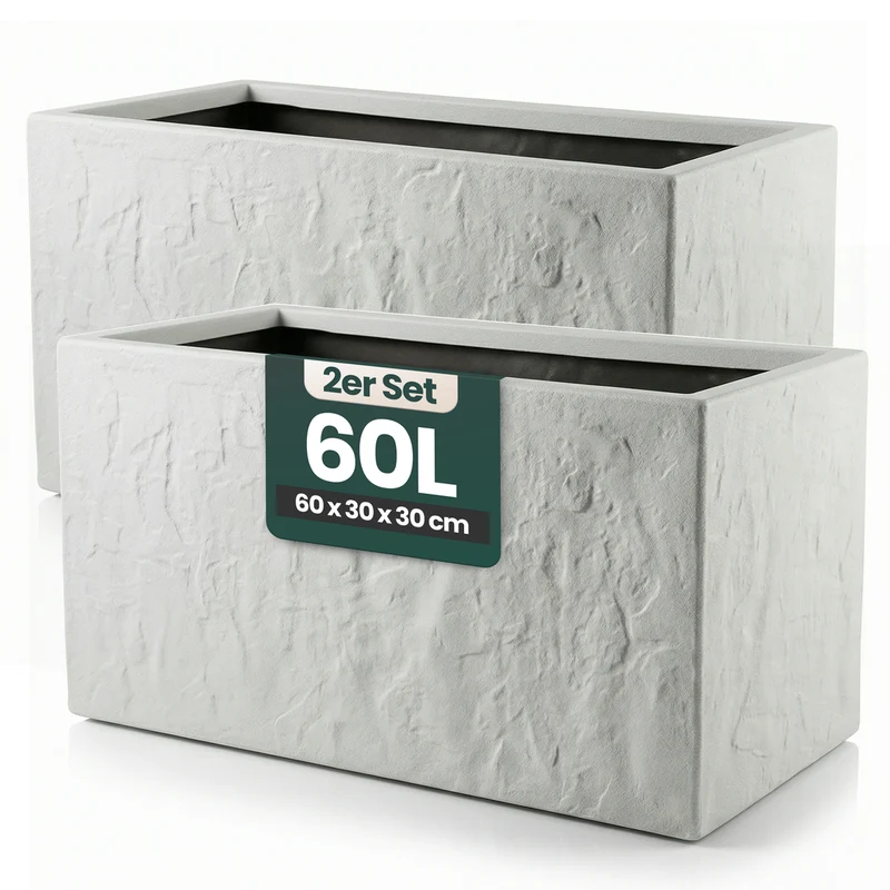 2 x Pflanzkasten 'Riven' in Hellgrau - Blumentopf aus Kunststoff - Steinoptik - 60x30x30 cm