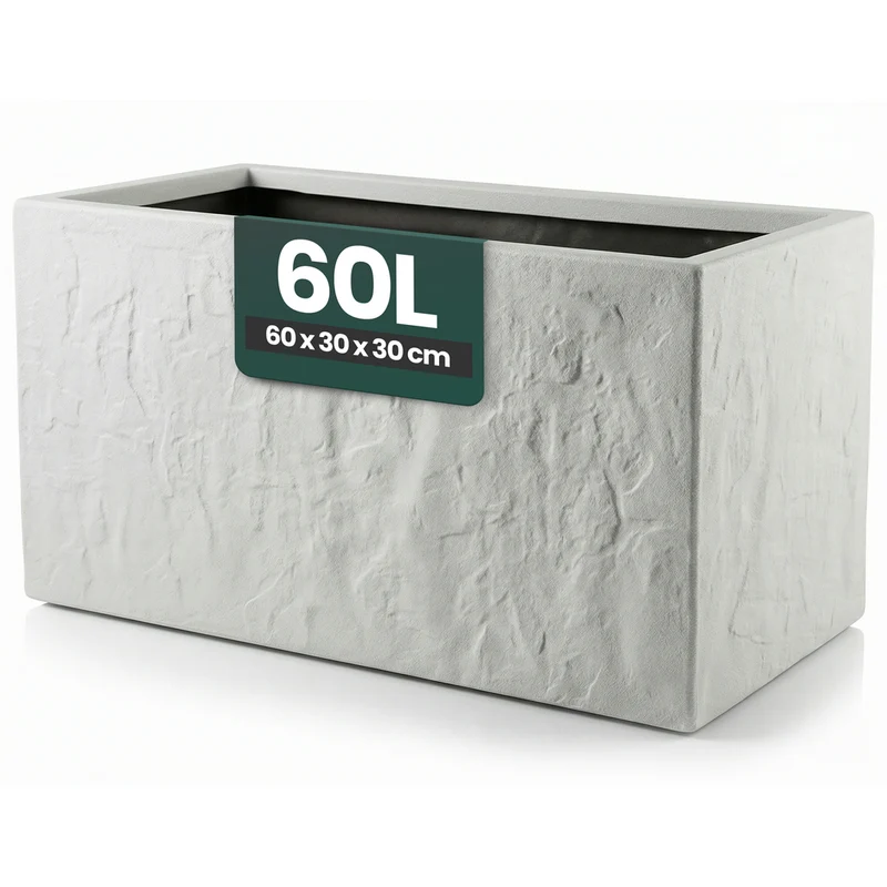 Pflanzkasten 'Riven' in Hellgrau - Blumentopf aus Kunststoff - Steinoptik - 60x30x30 cm