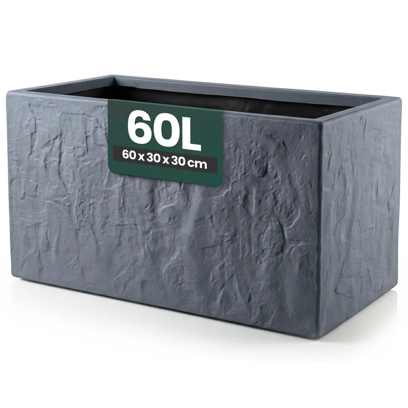 Pflanzkasten 'Riven' in Anthrazit - Blumentopf aus Kunststoff - Steinoptik - 60x30x30 cm