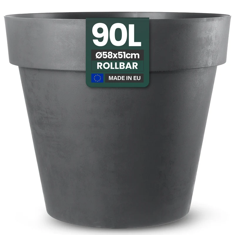 XL Pflanzkübel / Pflanztopf „LIKE“ Ø 58 x H 51 cm - Anthrazit - Rund, Rollbar - in Natur Stein Optik