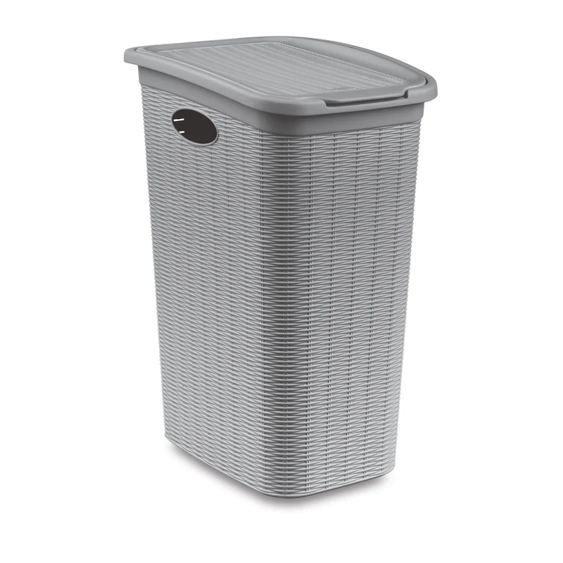 XL Wäschesammler mit Klappdeckel in Rattan-Optik, 36 Liter in Grau