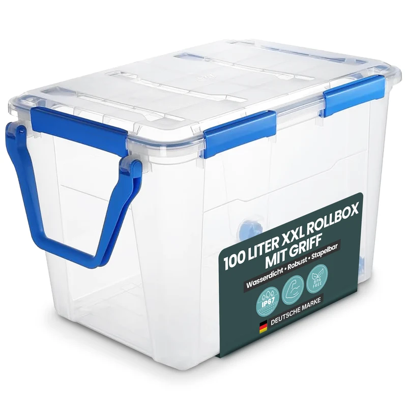 Wasserdichte Box (IP67) mit Deckel und Rollen 100 Liter Volumen (Set wählbar)