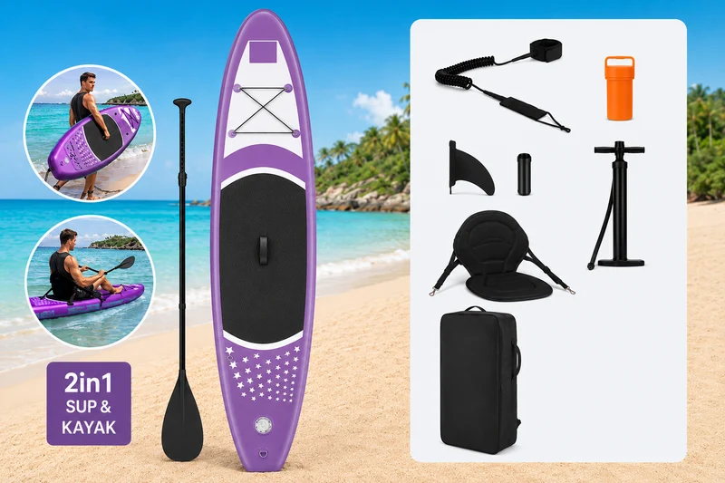 Aufblasbares SUP Board Set Lila 366 cm XXL – 2in1 Stand Up Paddle & Kajak Funktion mit Sitz, Paddel, Double-Action-Pumpe, Tragetasche & Reparaturset