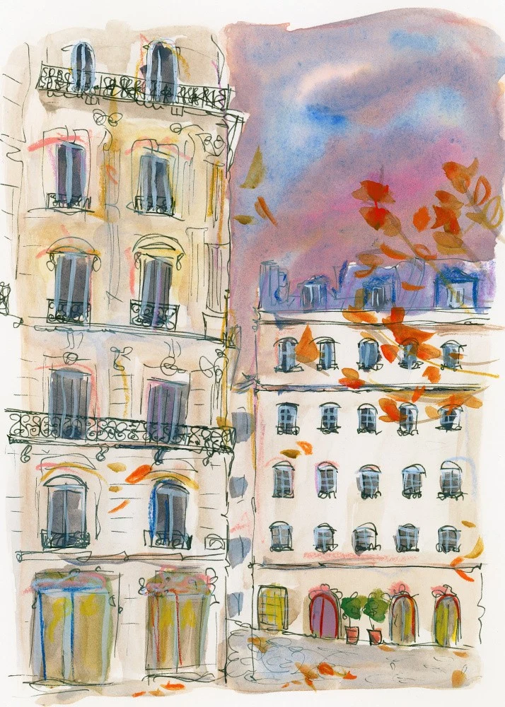 Paris street corner with purple sky