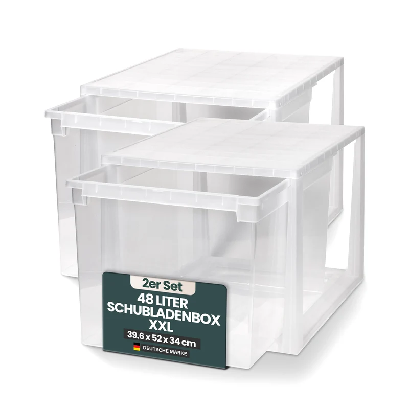 Set: 2 x Schubladenbox 52 Größe XXL, 48 Liter - extra tief und hoch (weiss, transparent)