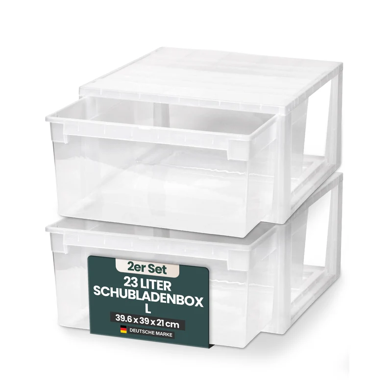 Set: 2 x Schubladenbox Größe L, Volumen 23 Liter (weiss, transparent)