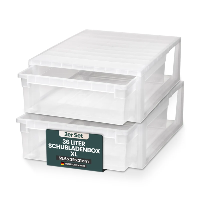 Set: 2 x Schubladenbox Größe XL, Volumen 36 Liter (weiss, transparent)
