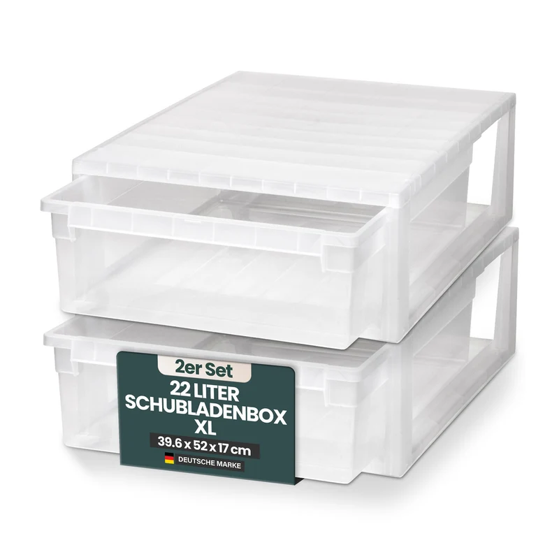Set: 2 x Schubladenbox 52 Größe XL, 22 Liter - extra tief und halbhoch (weiss, transparent)