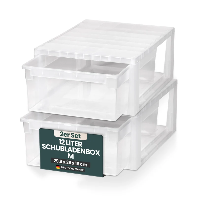 Set: 2 x Schubladenbox Größe M, Volumen 12 Liter (weiss, transparent)