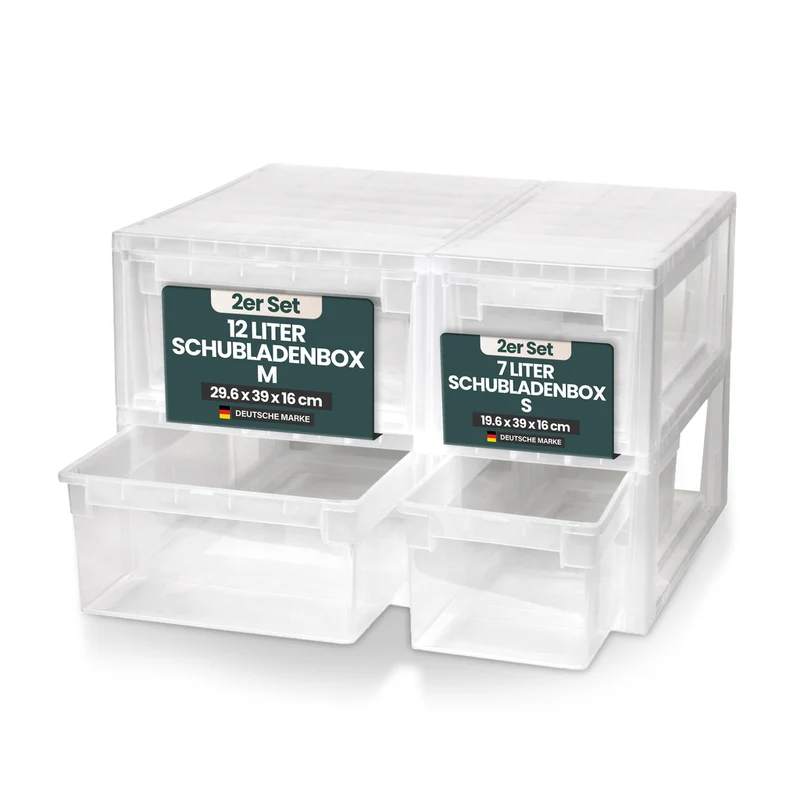 Bundle: 2 x Schubladenbox Größe M (12 Liter) + 2 x Größe S (7 Liter)