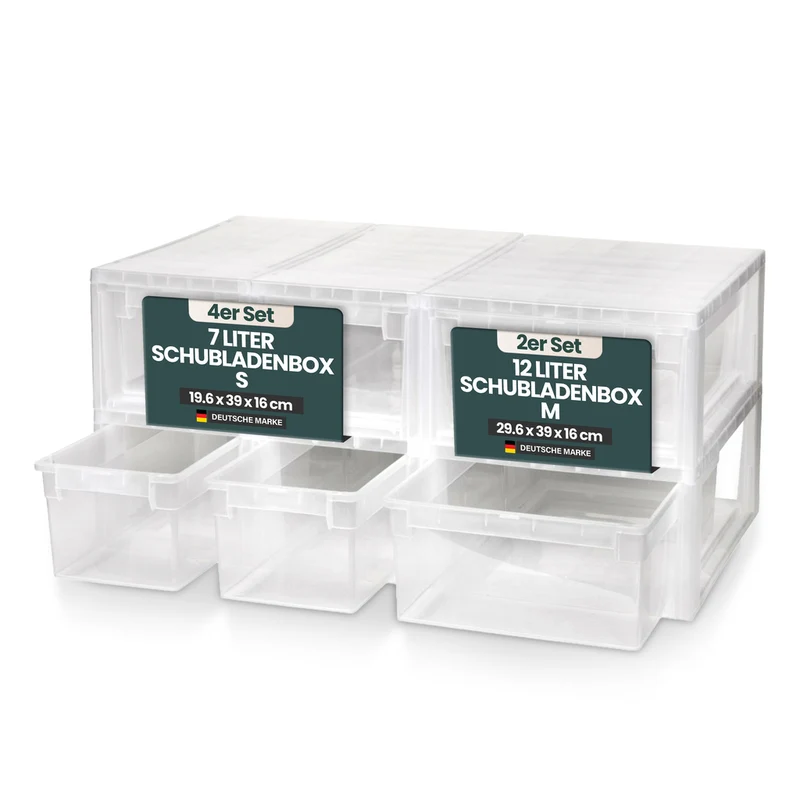 Bundle: 2 x Schubladenbox Größe M (12 Liter) + 4 x Größe S (7 Liter)