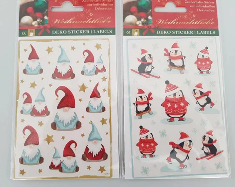 Weihnachtssticker Deko Set Wichtel & Pinguin 15x9cm Glimmer 2x9 Stk 🎄