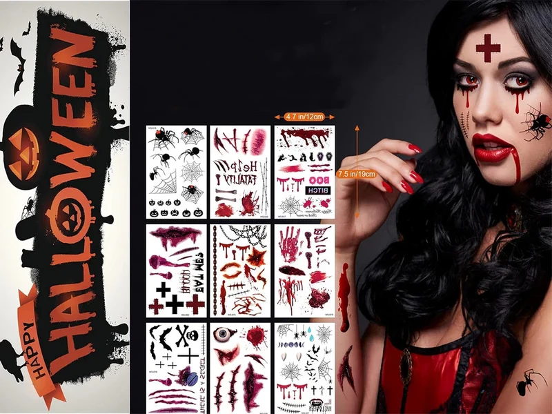3 x Halloween Tattoos Blut Realistisch Waschbar Temporär Hautaufkleber 🎃💉