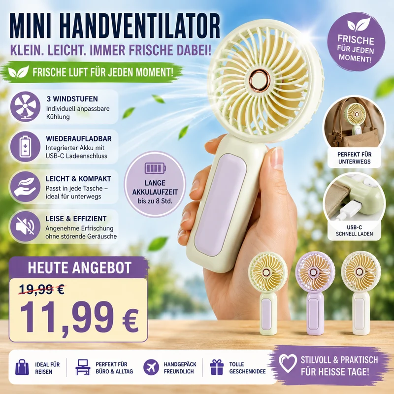 Mini Ventilator USB wiederaufladbar – Tragbare Handventilatoren für Kinder & Erwachsene