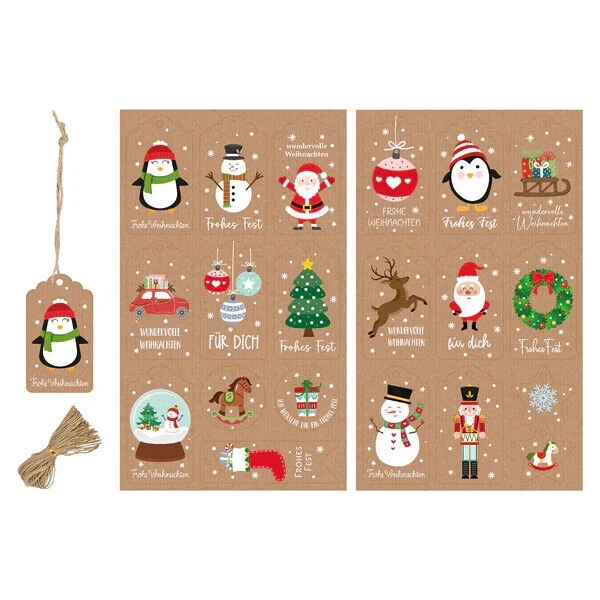 50 Stück Weihnachtsanhänger – Kraftpapier Geschenkanhänger, 10 Designs, Mit Juteband, Sortiert & Mischpaket